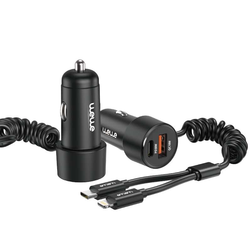 Car phone charger with PD port, TYPE-C and Lightning cable
